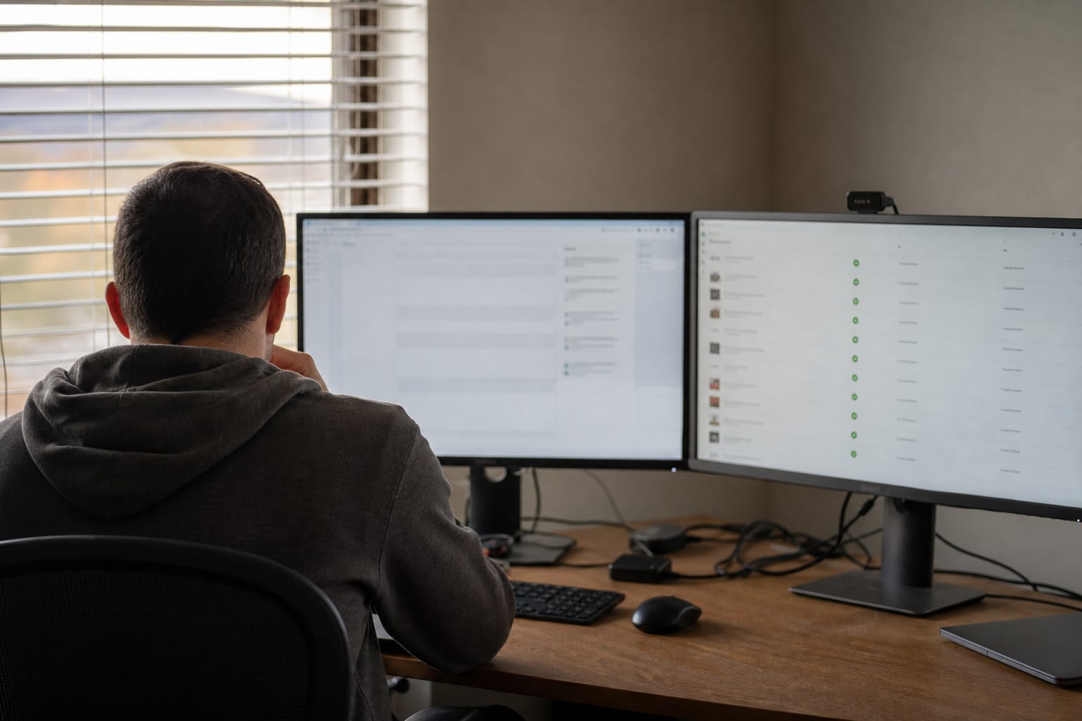 Dual-monitor desk showing an article draft and a queue of published posts with green ticks