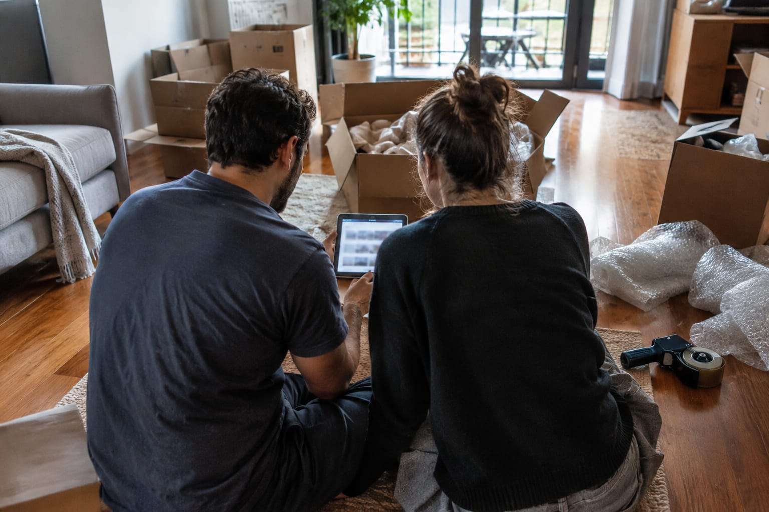 Couple sitting among moving boxes comparing options on a tablet, with tape guns and bubble wrap nearby