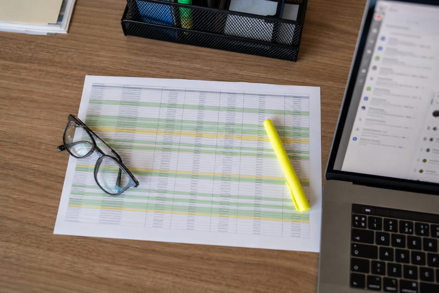 Overhead view of a printed query-results spreadsheet with rows highlighted in two colors beside a laptop