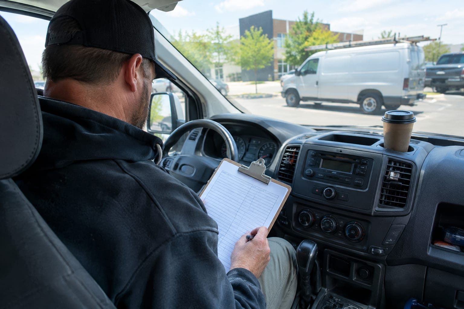 Business owner in a work van cab reviewing a printed call log on a clipboard, coffee cup on the dashboard