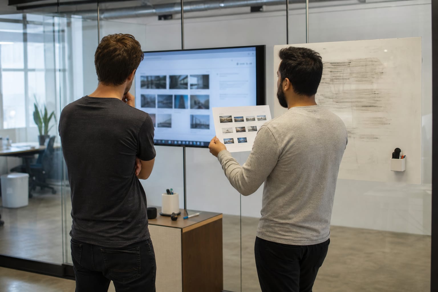 Two colleagues comparing a search results page on a wall screen against a printed content plan.