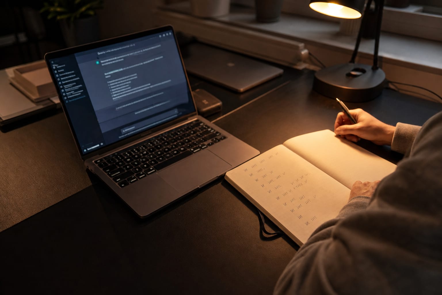Laptop showing a chat answer with numbered source links beside a notebook tallying brand mentions.