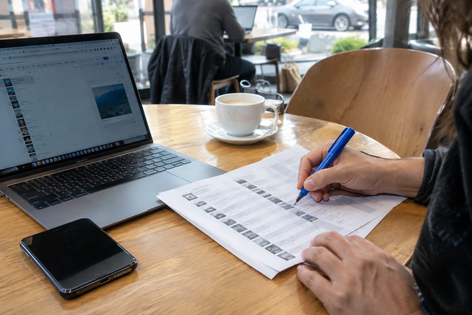 Business owner at a café table crossing out an old phone number on a printed directory list beside a laptop