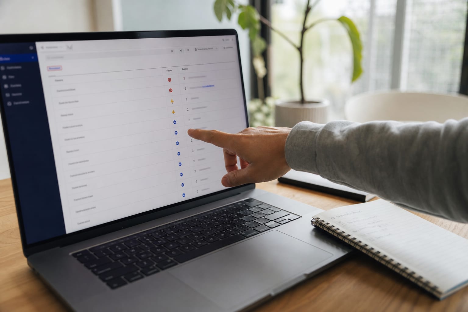 Finger pointing at one row in a site audit issues list on a laptop, notebook beside it.