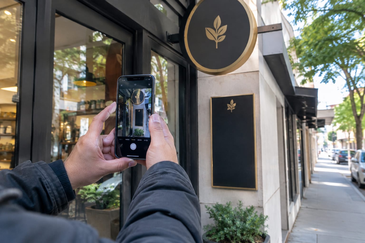 Hands photographing a shop sign and opening-hours placard with a smartphone