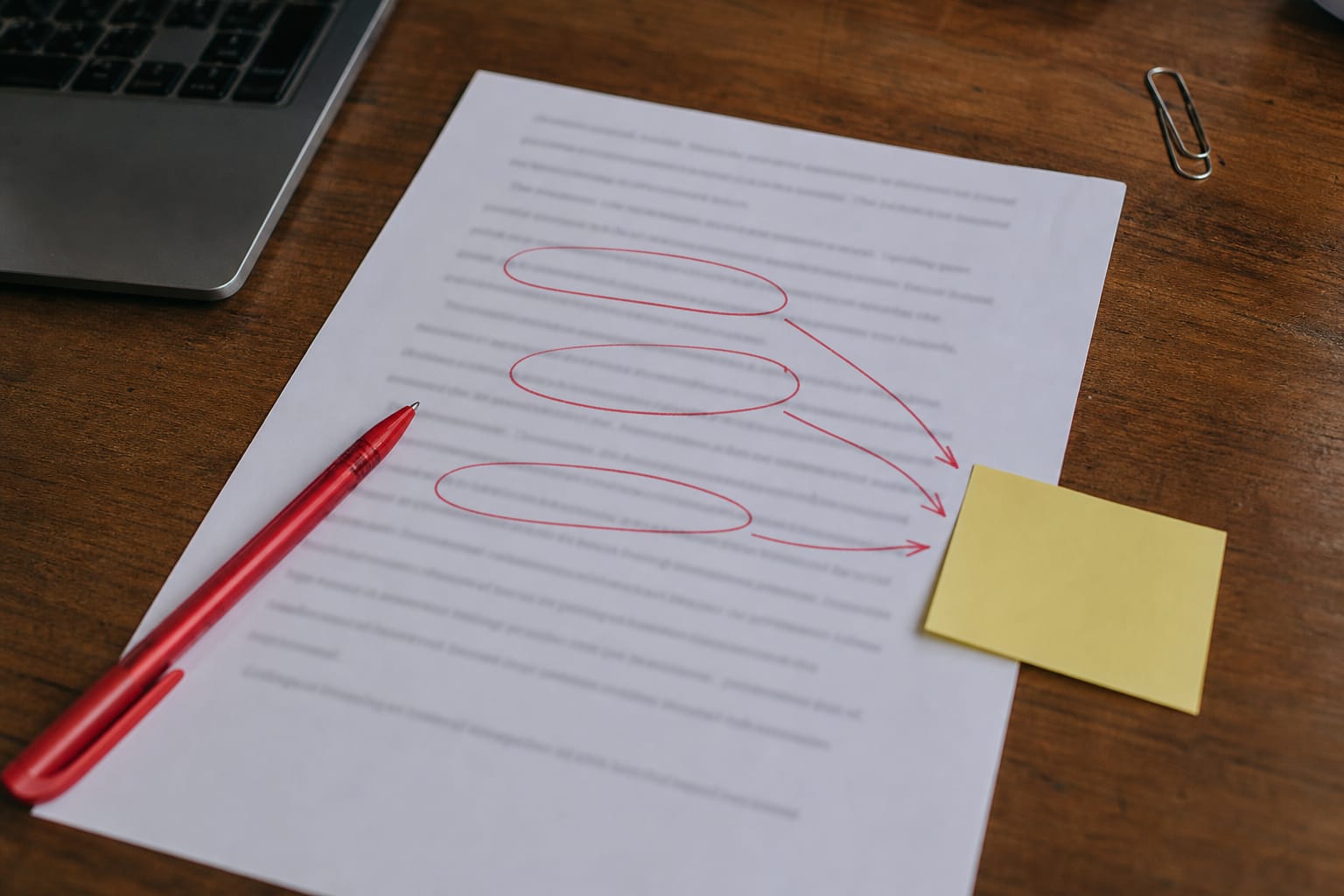 Printed draft with three sentences circled and arrows pointing to a sticky note reading 'source?'