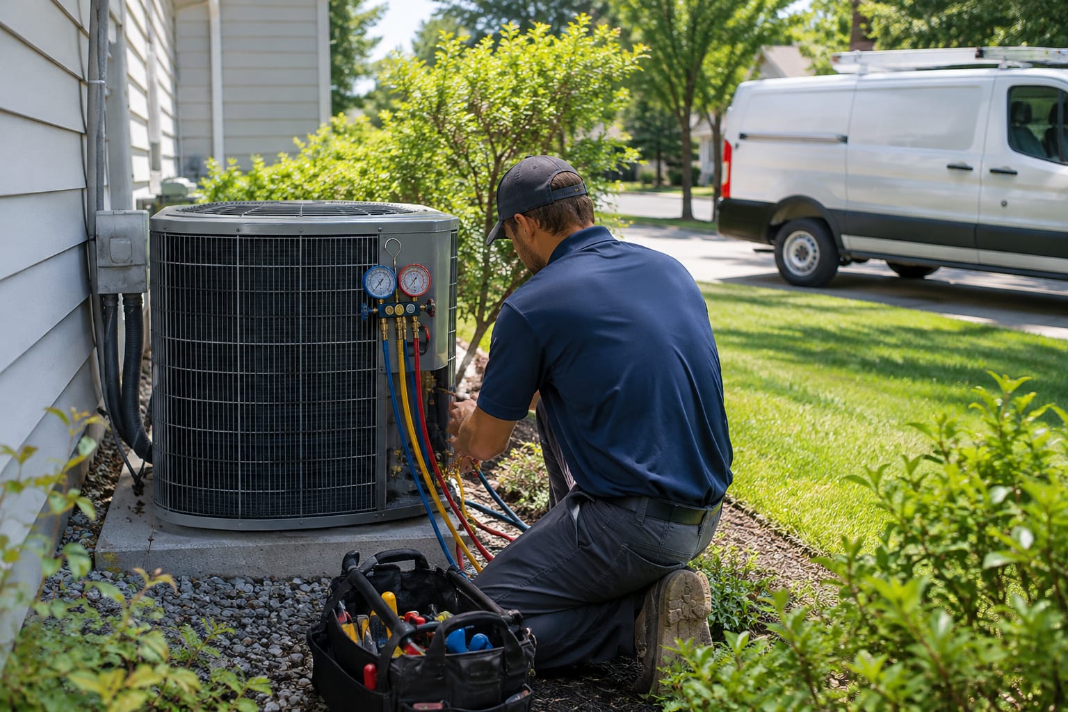HVAC technician with a tool bag walking from a service van to a house with an outdoor AC condenser at dusk