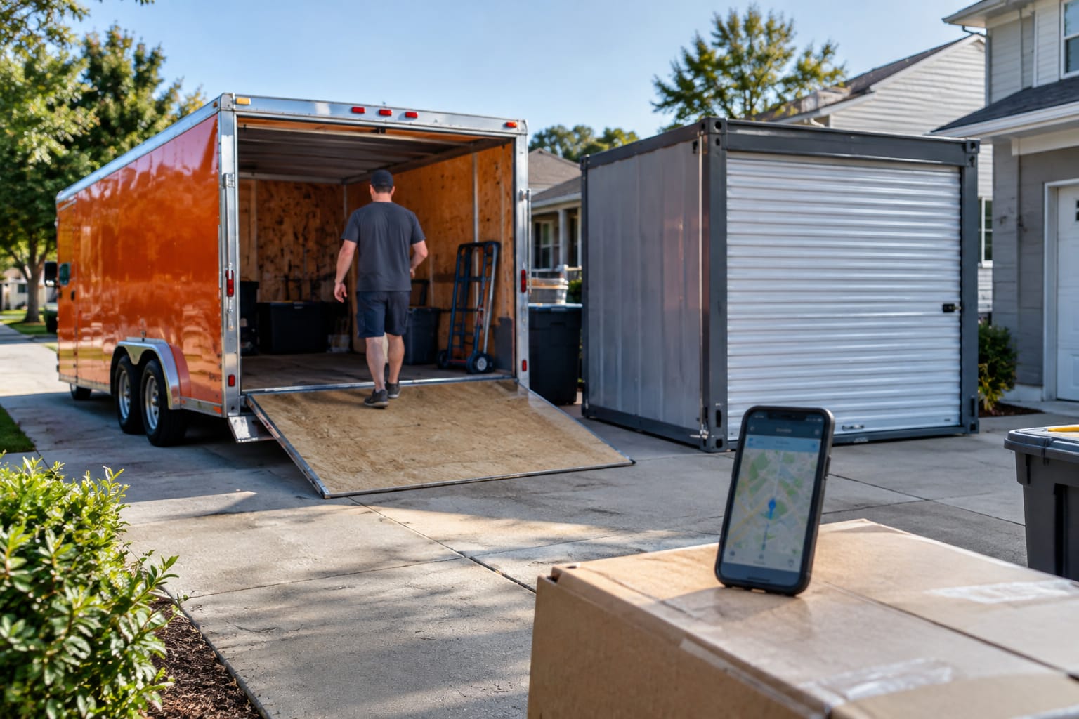 Couple among packing boxes comparing DIY container rental against movers on a tablet.