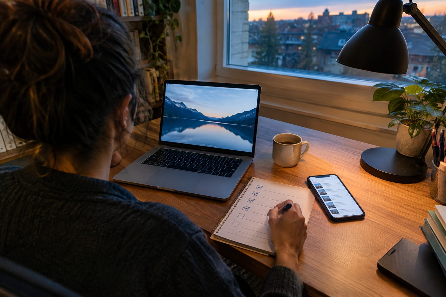 Desk at dusk with a laptop, a printed checklist ticked in pen and a phone showing search results