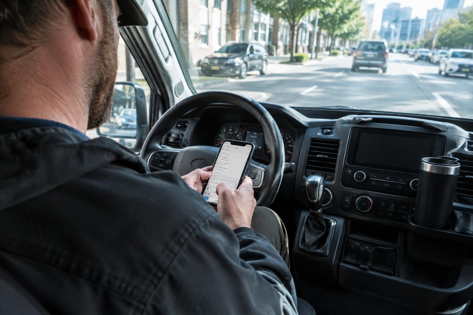 Plumber in a work van typing a business name into Google on a phone, coffee cup on the dashboard
