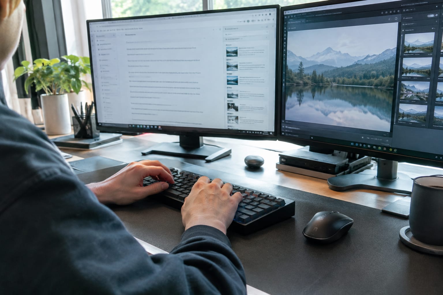 Marketer viewing Search Console graphs on one monitor and a CMS draft editor on another
