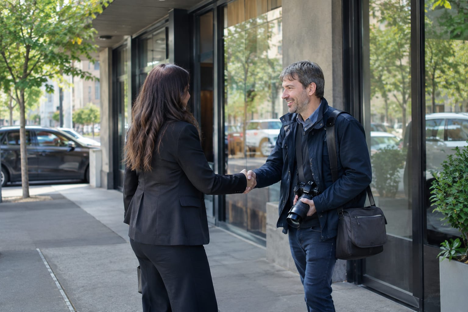 Real-estate agent shaking hands with a journalist holding a notepad outside an office with listings in the window