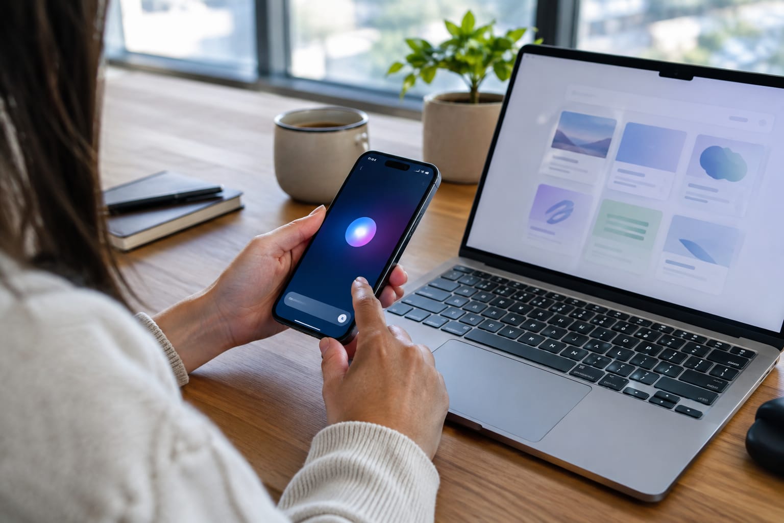 Phone showing an AI chat answer with cited source links, laptop keyboard blurred behind