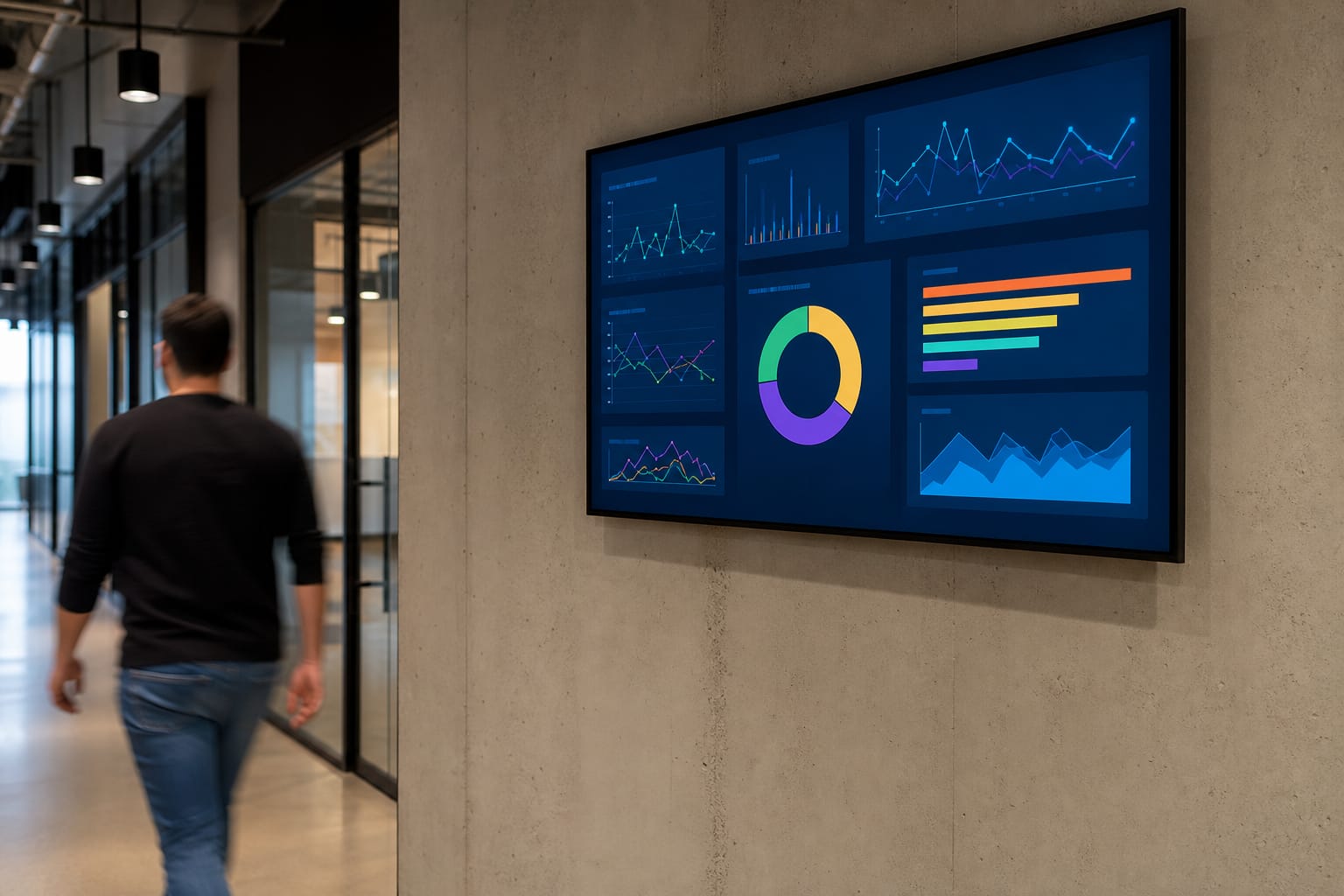 Wall dashboard showing traffic and ranking tiles as a person walks past blurred