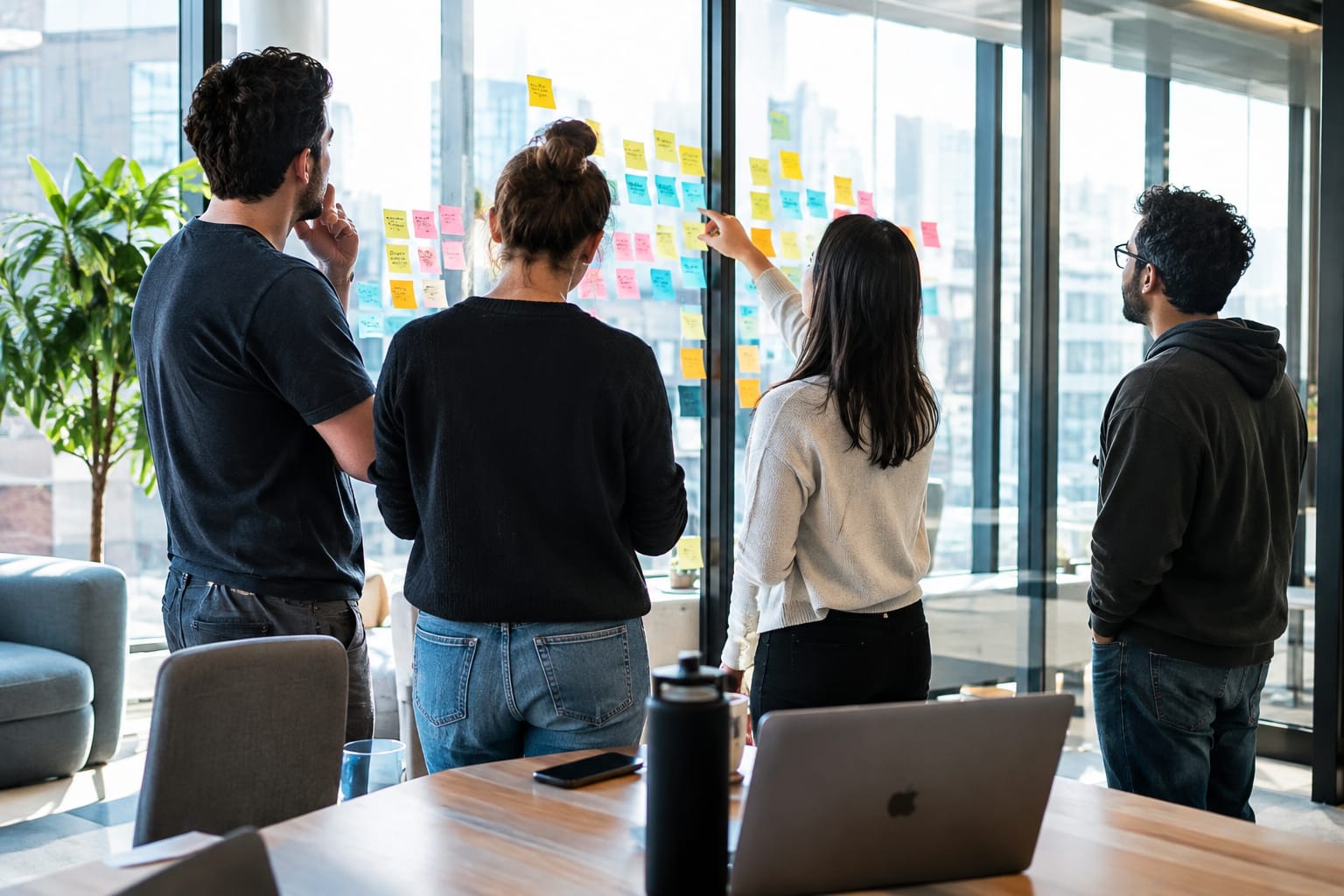 Small team standing by a window in front of a glass wall covered with sticky notes