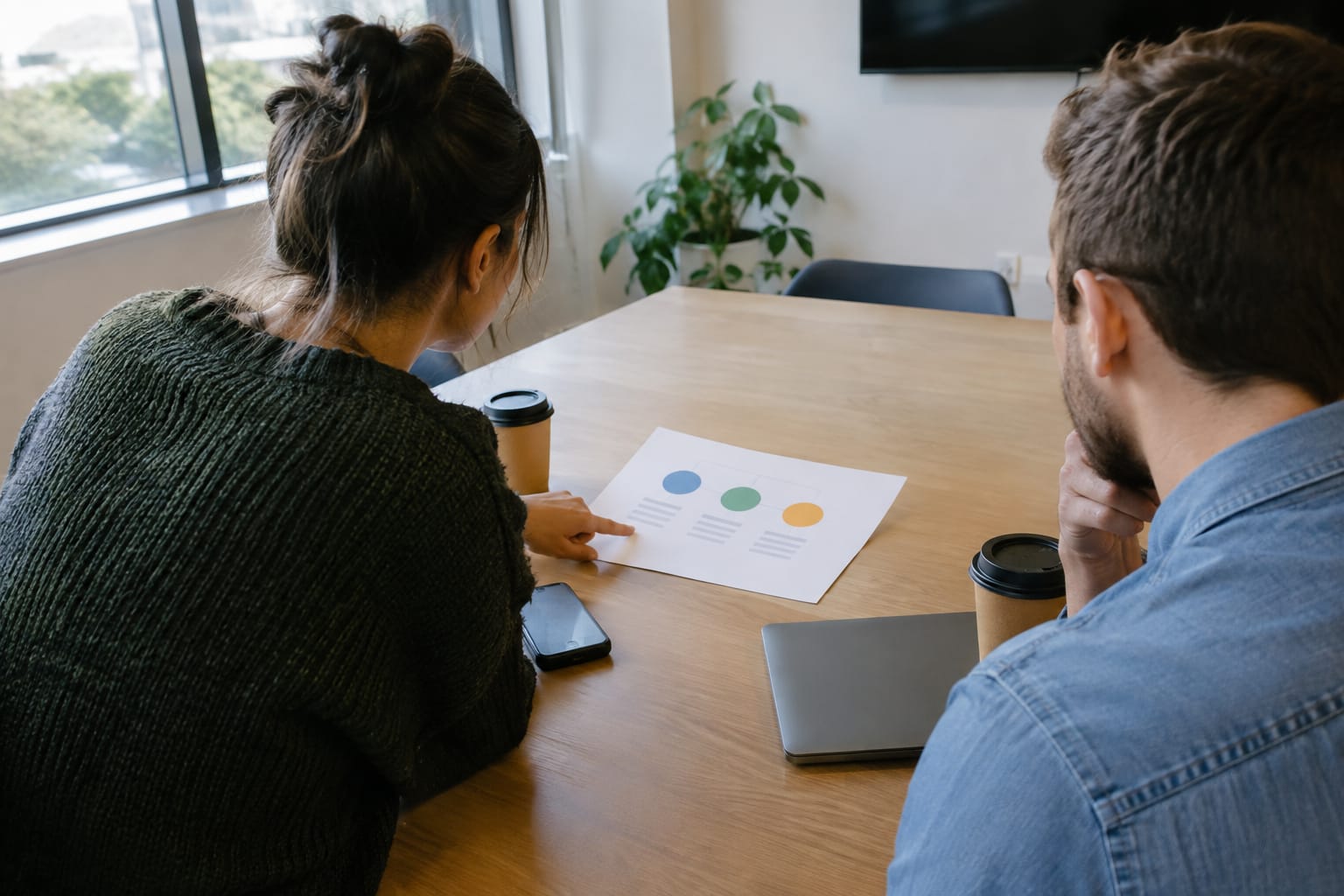 Two colleagues reviewing a one-page printed summary with three circled numbers, coffee cups on the table
