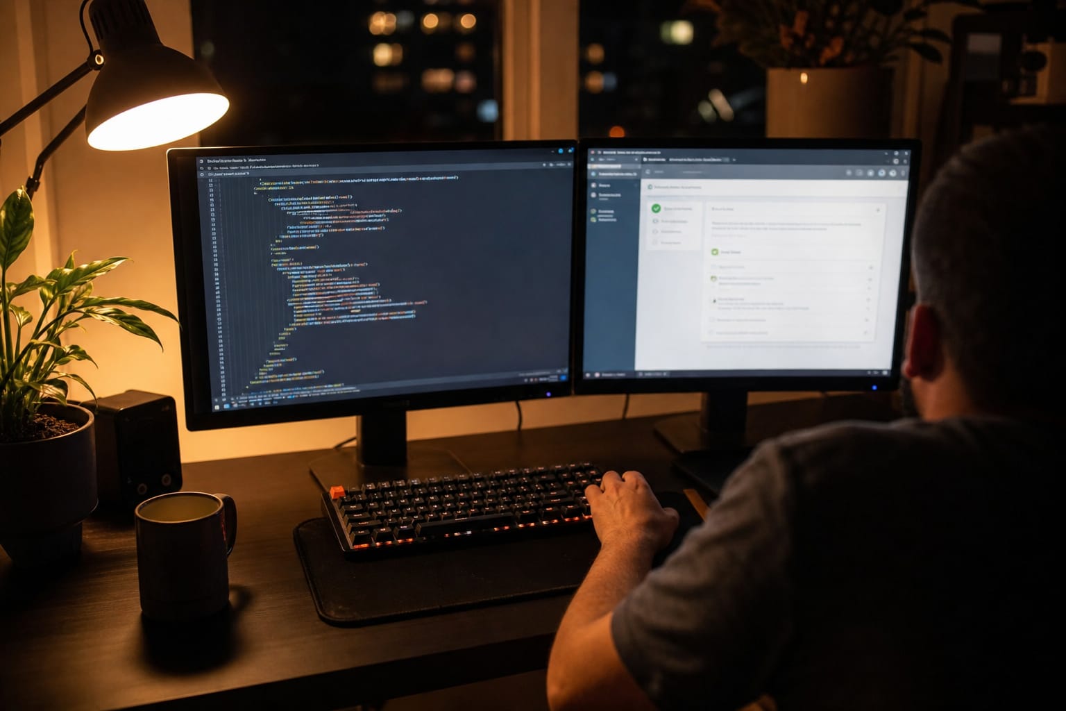 Dual monitors at night: JSON-LD structured data in a code editor beside a rich-result testing view.