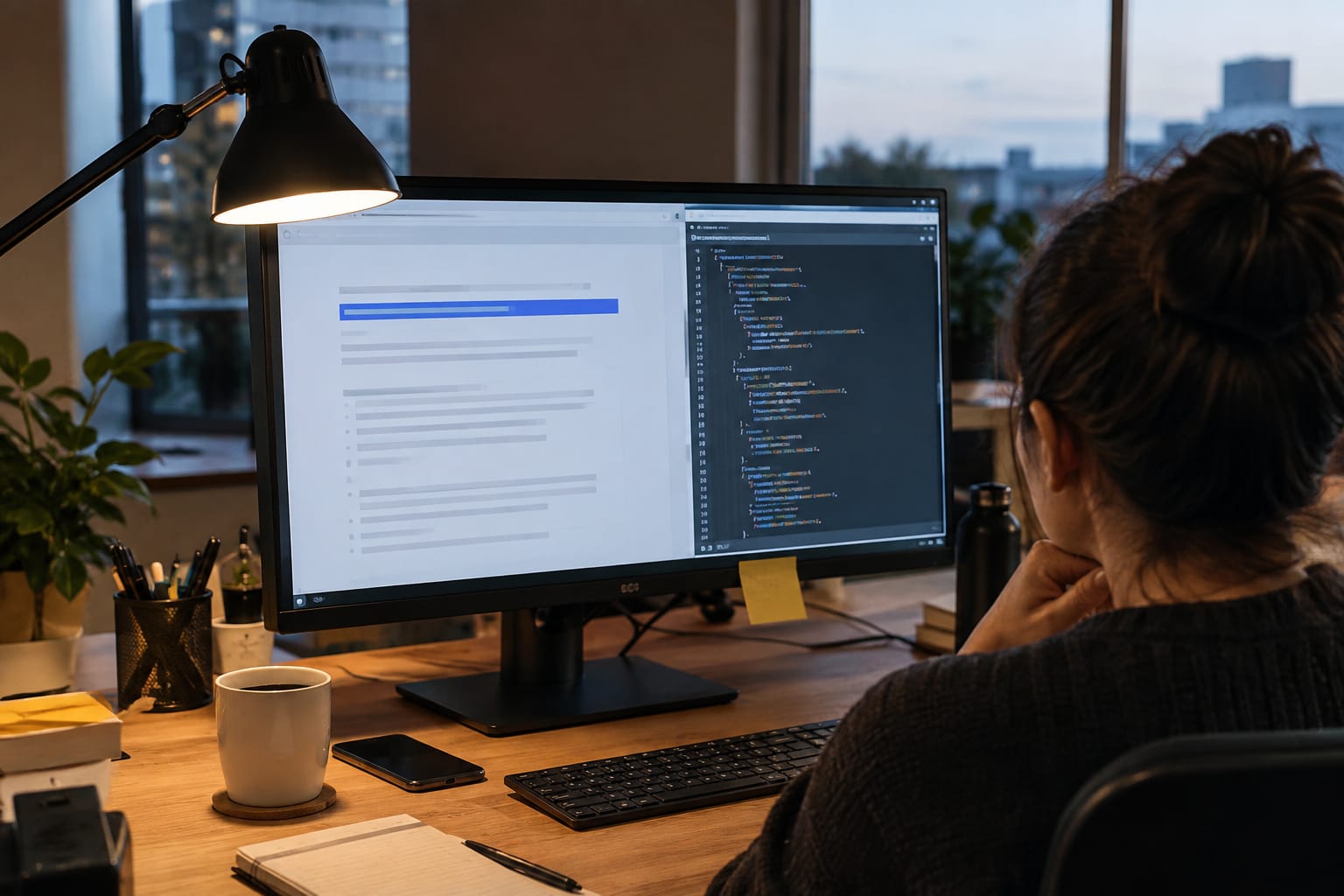 Editor at a monitor with a bolded answer under a heading, JSON code window, and an 'answer first' sticky note
