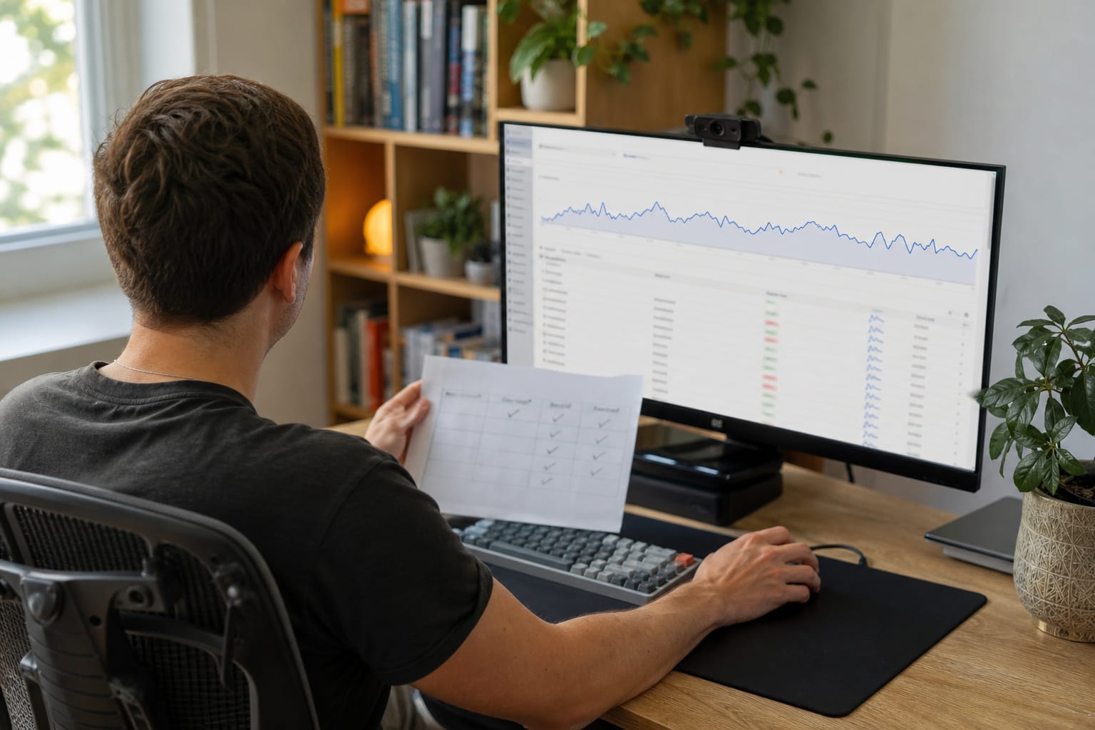 Person reviewing an AI visibility dashboard while holding a three-column vendor comparison sheet