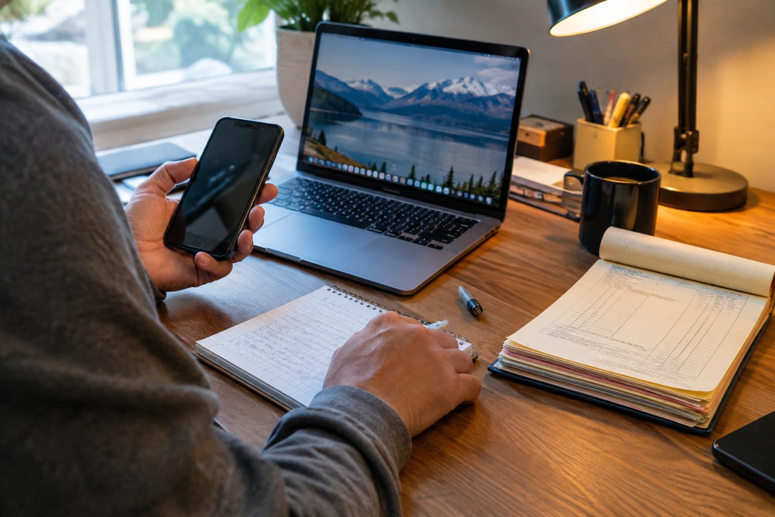 Plumbing business owner on the phone at a cluttered desk with a job list, laptop and invoice book