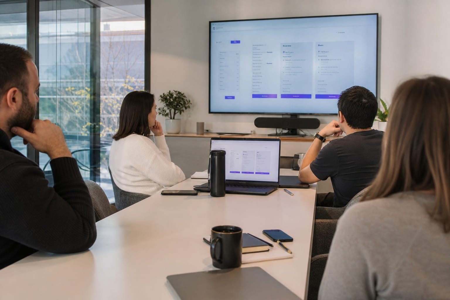 Four colleagues at a conference table reviewing an SEO tool pricing page projected on a wall screen