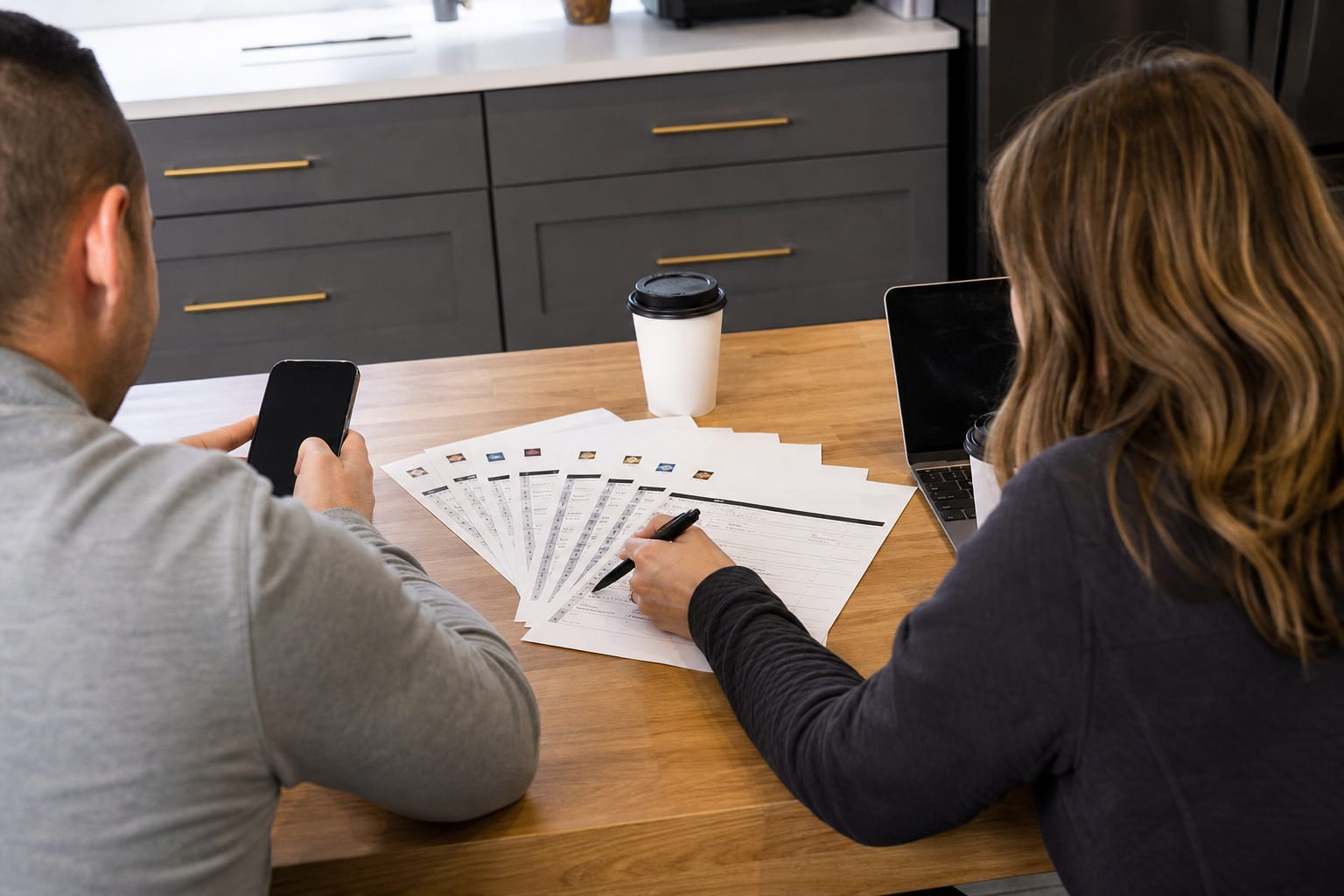 Two people comparing printed SEO tool feature sheets, one circling an item with a pen.