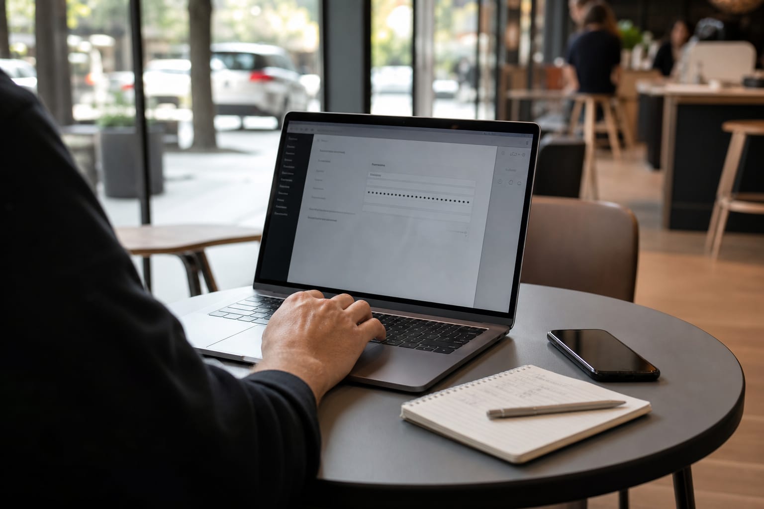 Laptop on a cafe table showing a CMS settings screen with an API credentials field being filled in
