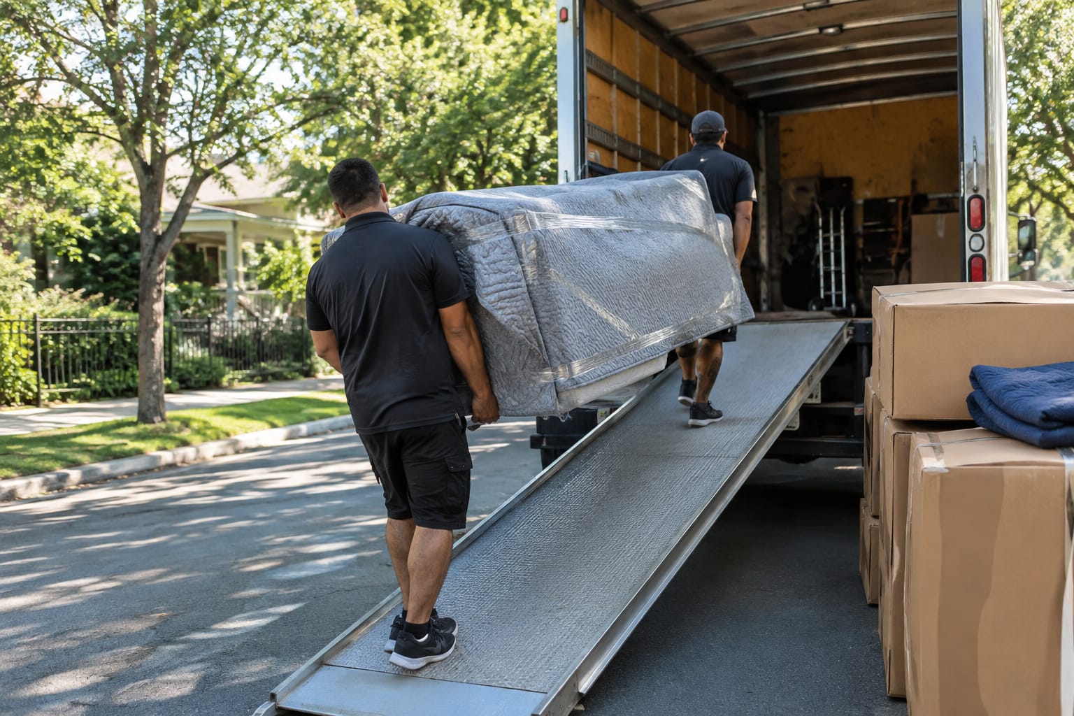 Moving crew loading wrapped furniture into a truck, with a phone showing local map search pins in the foreground