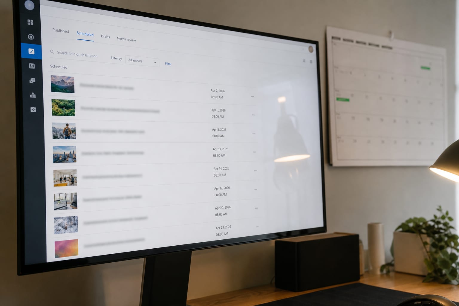 Desktop monitor showing a scheduled content publishing queue with dates, calendar blurred behind.
