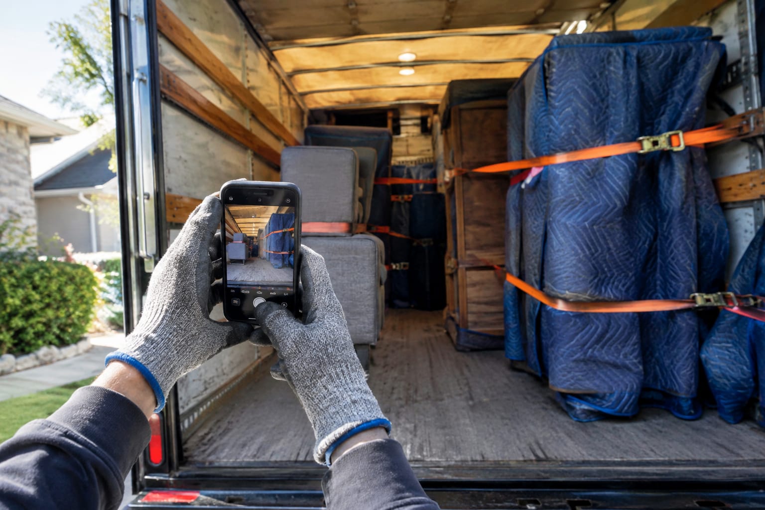 Mover photographing a neatly packed truck interior with a smartphone, blankets and straps securing the load