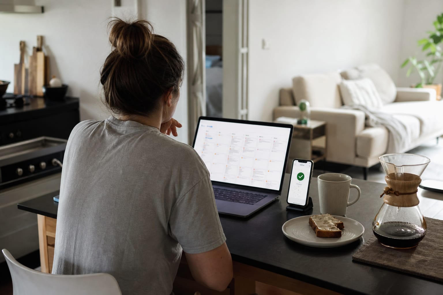 Marketing manager at a kitchen table viewing a laptop content calendar full of scheduled posts at dawn.