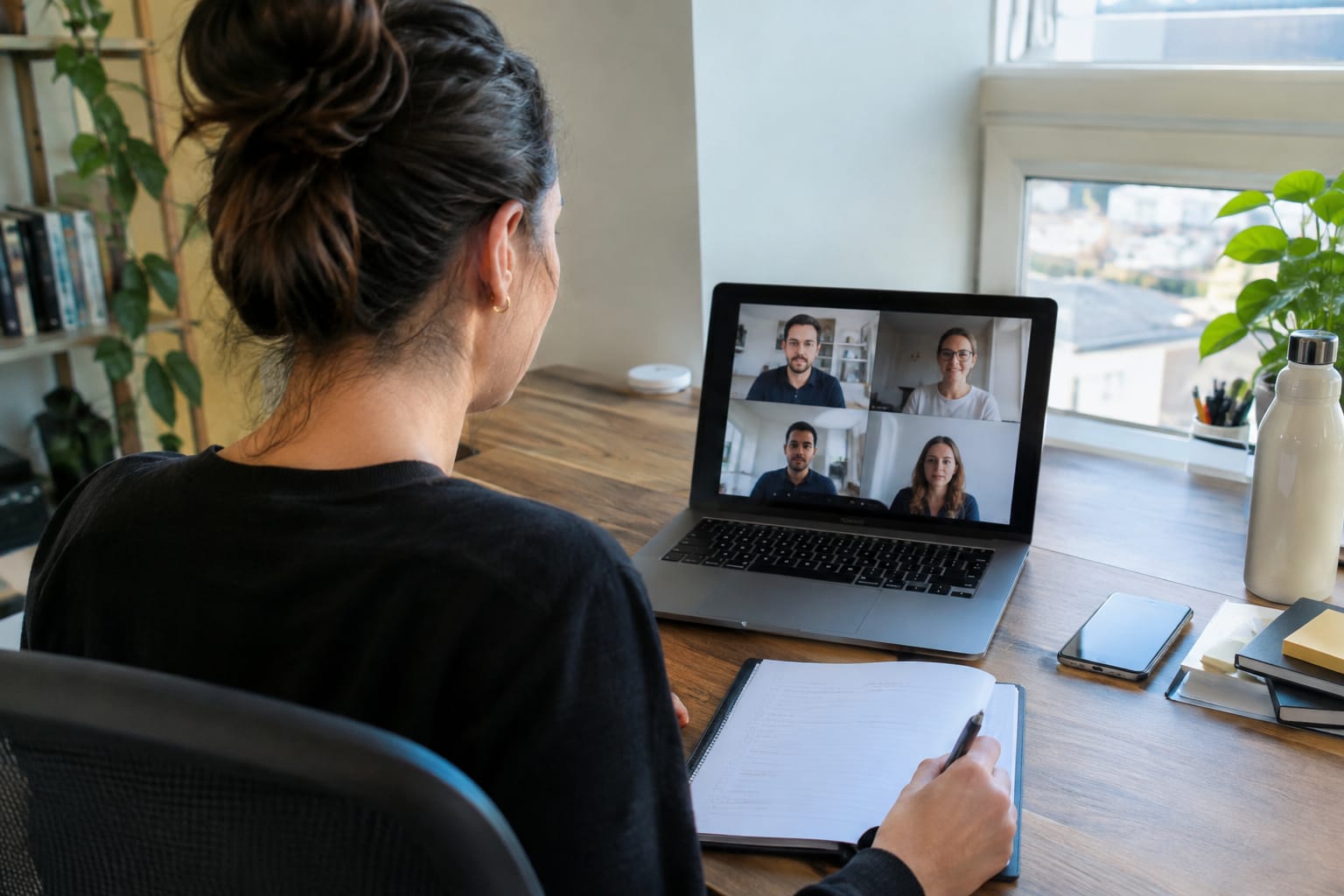 Owner on a laptop video call with a notepad of handwritten questions, several ticked off