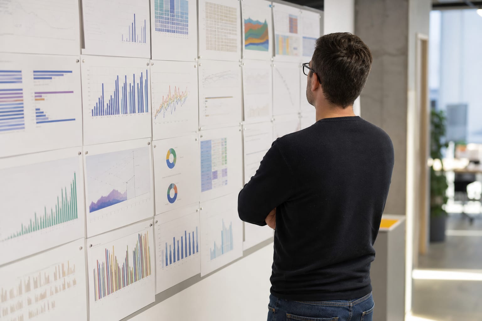 Operations lead with arms crossed evaluating a wall of printed dashboards and reports pinned in a grid