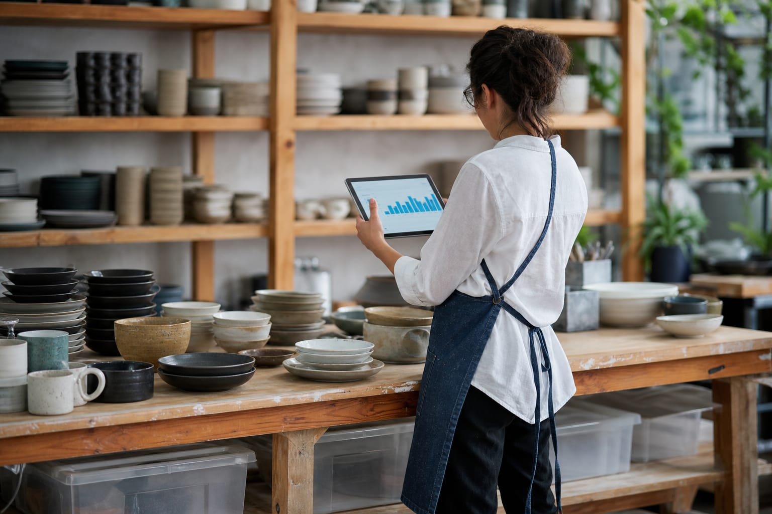 Workshop owner holding a tablet with a website analytics chart amid product shelves
