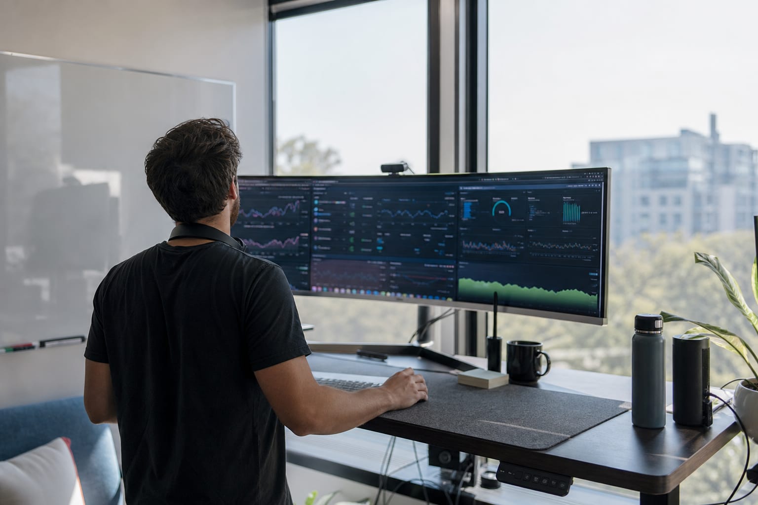 Agency operator at a standing desk viewing several client dashboards on an ultrawide monitor