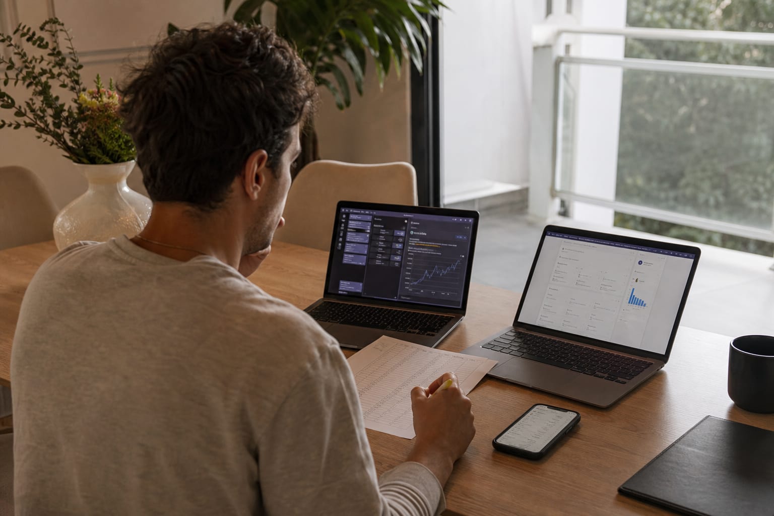 Four hand-labelled AI SEO tool category cards fanned across a desk beside a laptop