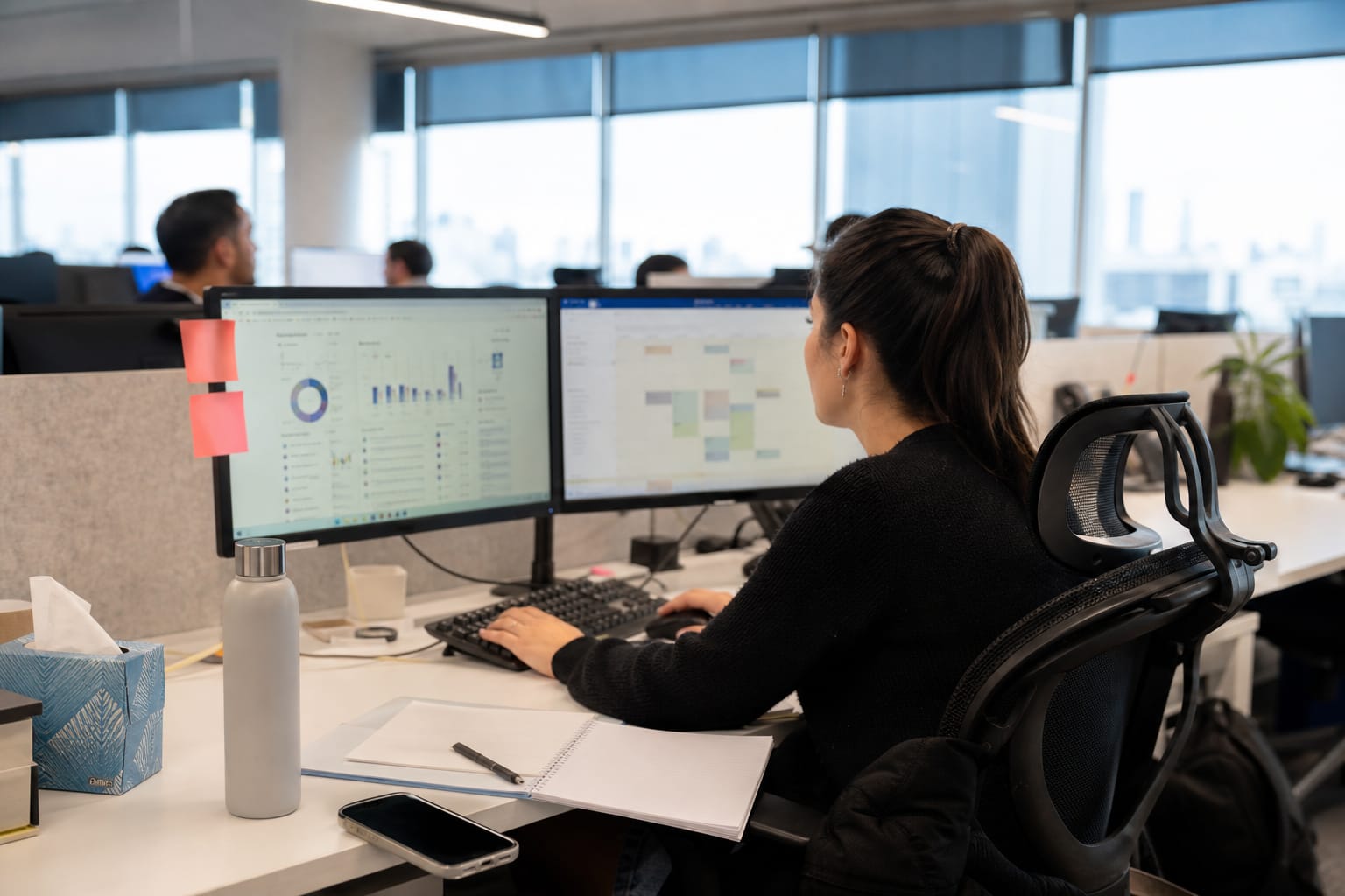 New marketing hire at a fresh desk with onboarding checklist and analytics screens in an open-plan office.