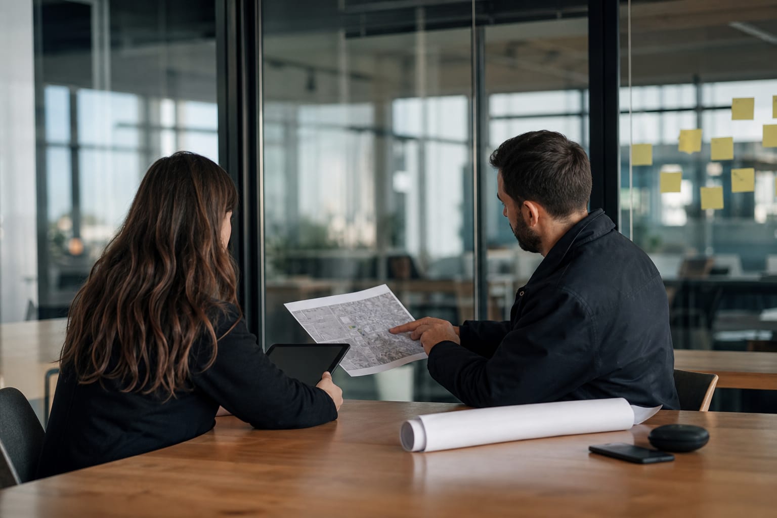 Consultant pointing at a printed site audit while a client takes notes on a tablet in a glass meeting room.