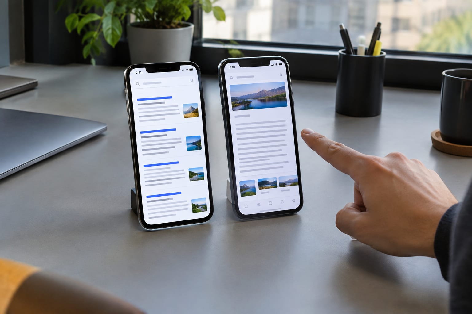 Two upright phones on a grey desk, one showing blue search links, the other an AI answer panel, with a hand pointing