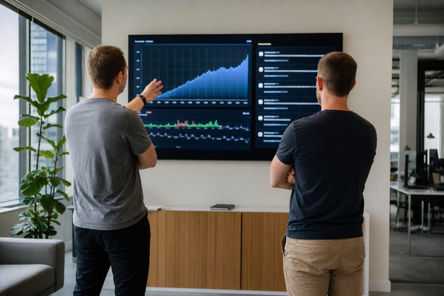 Two colleagues reviewing a wall screen with a rising six-month traffic chart and an AI citations panel