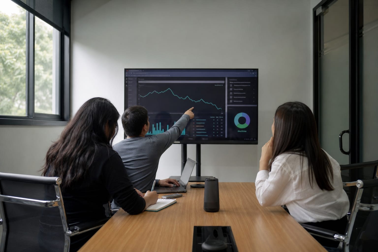 Three colleagues reviewing a rankings and AI-citations dashboard, one pointing at a falling line.