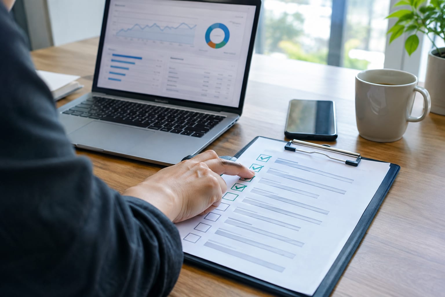 Marketer pinning monthly SEO report pages to a corkboard showing gradual ranking gains
